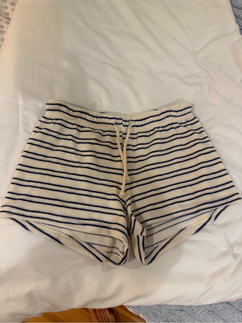 perfectwhitetee Cream and Navy Striped Athletic terry Shorts- NWT